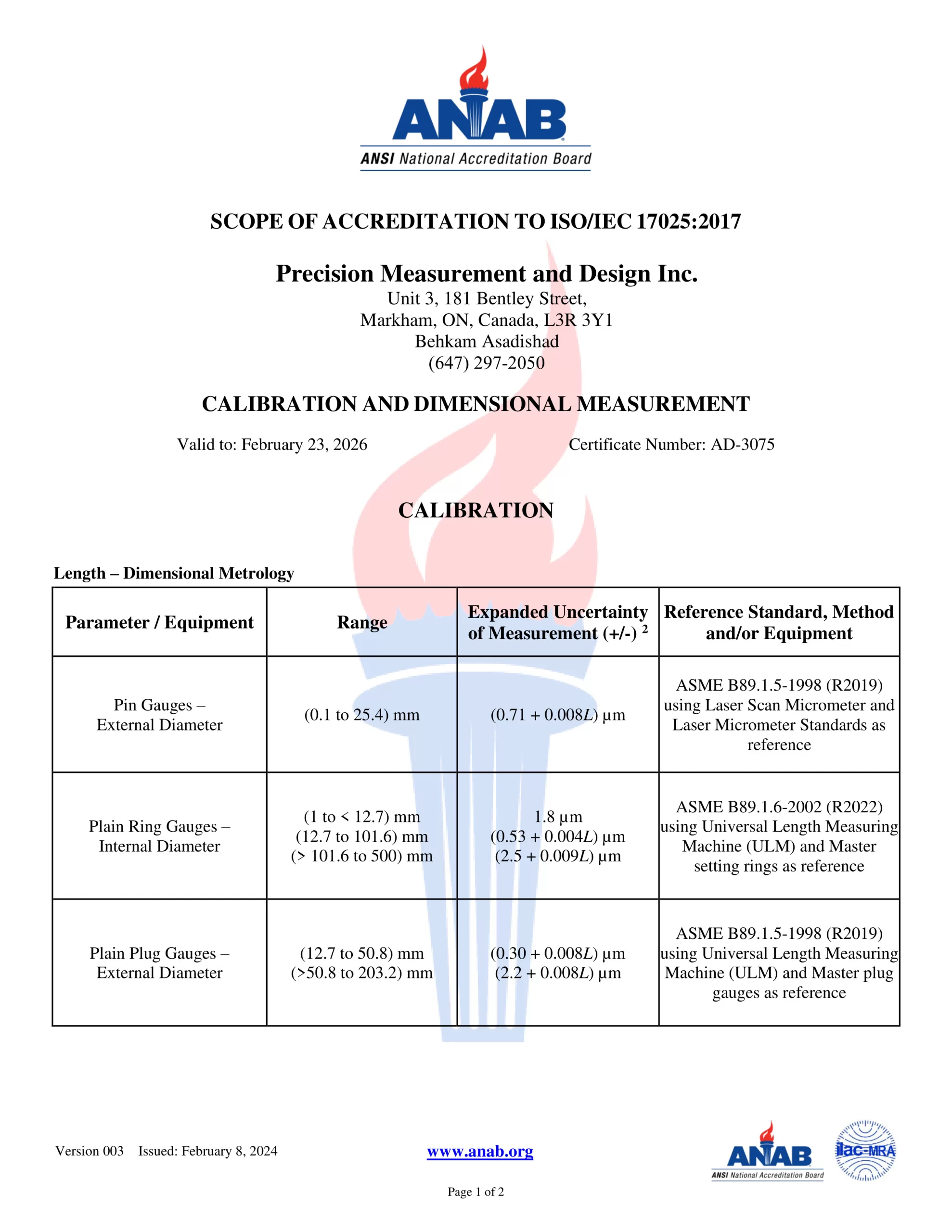 ISO 17025 Calibration & Dimensional Measurement - PRECISION MEASUREMENT ...