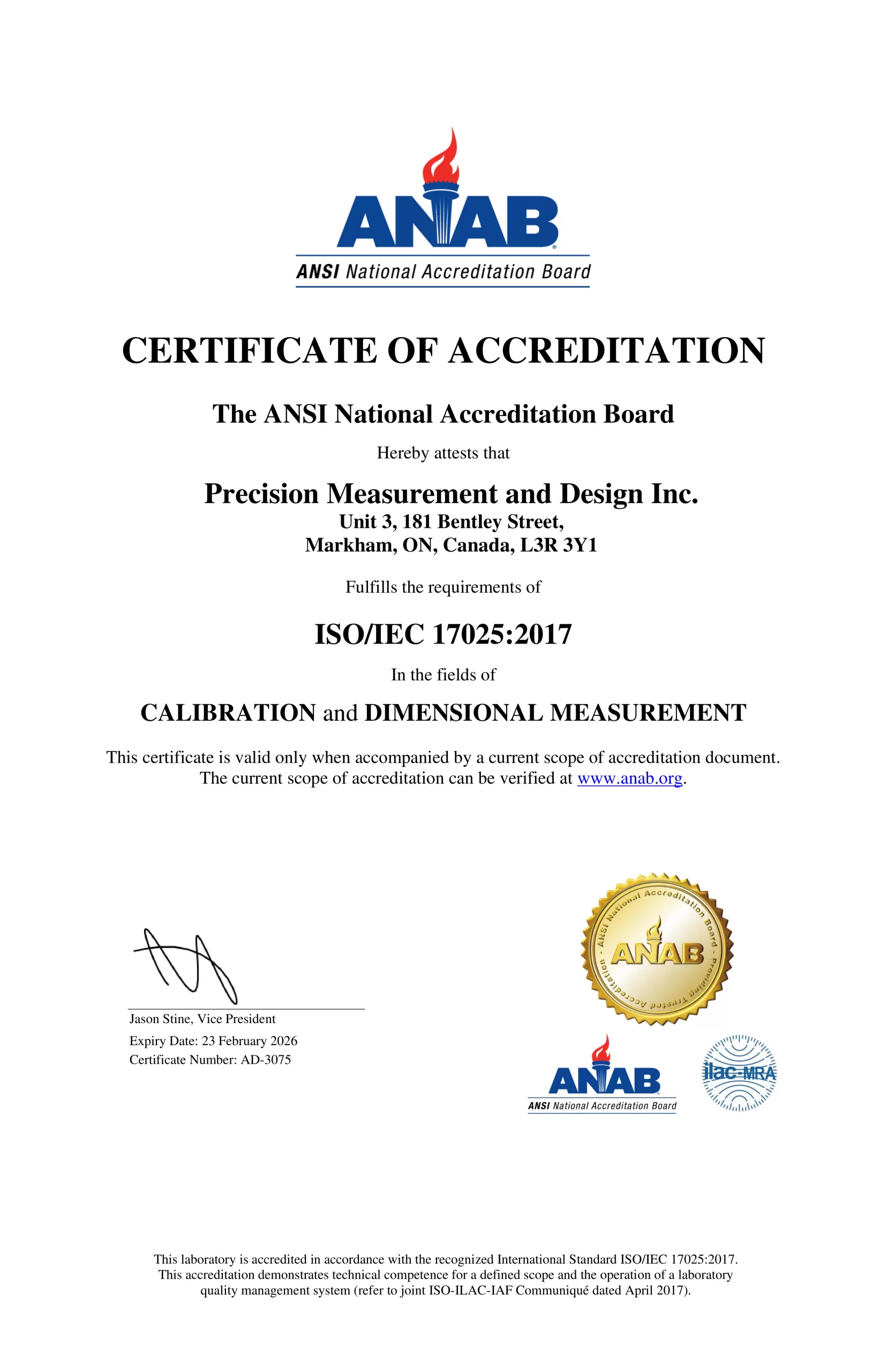 ISO 17025 Accreditation Certificate
